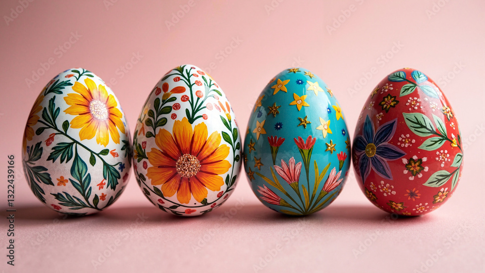 Vibrant Collection of Four Intricately Designed Easter Eggs Perfect for Holiday Marketing and Seasonal Promotions Vibrant Collection of Four Intricately Designed Easter Eggs Perfect for Holiday Marketing and Seasonal Promotions