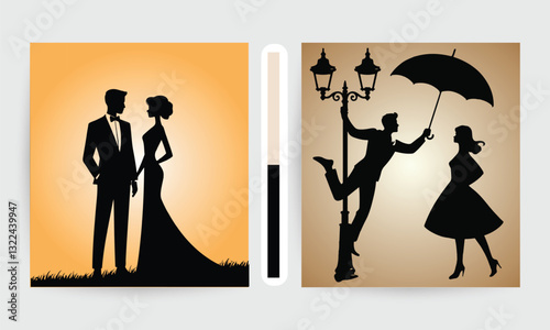 Romantic Couple Silhouette with Umbrella and Street Lamp