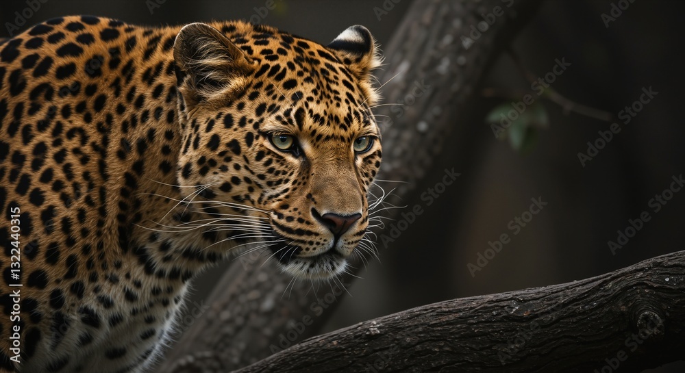Majestic leopard with striking spots exhibiting a watchful gaze, surrounded by natural habitat elements, conveying a sense of stealth and focus Majestic leopard with striking spots exhibiting a watchful gaze, surrounded by natural habitat elements, conveying a sense of stealth and focus