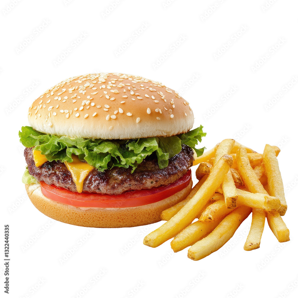 Delicious burger with fresh lettuce, cheese, and crispy french fries on white background, French Fries in Red Paper Cupisolated on white background Delicious burger with fresh lettuce, cheese, and crispy french fries on white background, French Fries in Red Paper Cupisolated on white background