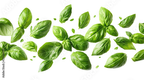 Basil Bliss: Fresh basil leaves, vibrant and organically arranged against a light backdrop. Each leaf showcases its natural green hue, suggesting freshness and culinary use.