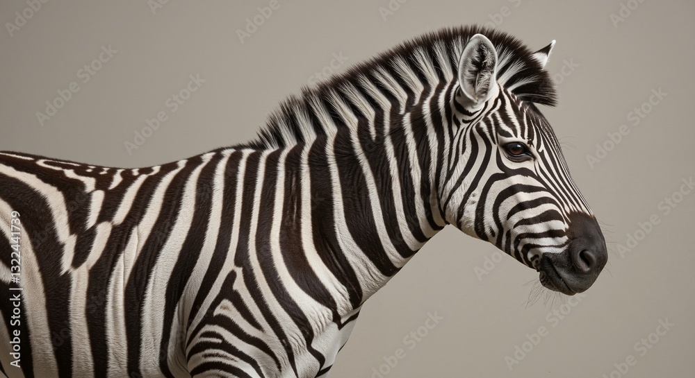 Zebra with distinct black and white stripes displaying calm demeanor against a neutral backdrop