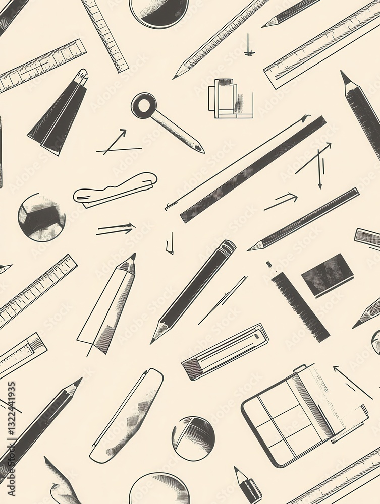 Seamless pattern background showcasing clean icons of design tools such as pencils, rulers, and color palettes in a soft monochrome palette Seamless pattern background showcasing clean icons of design tools such as pencils, rulers, and color palettes in a soft monochrome palette