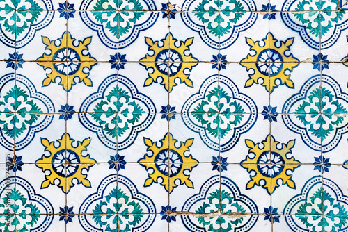 Close-up of traditional azulejo tiles on a historic facade in downtown Lisbon