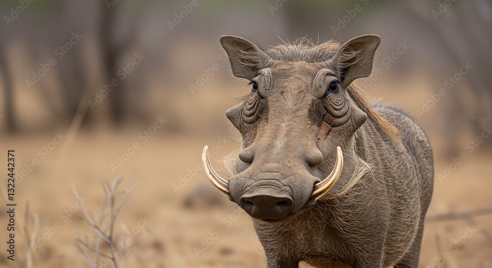 Warthog with impressive tusks displaying a curious expression in a dry savanna landscape Warthog with impressive tusks displaying a curious expression in a dry savanna landscape