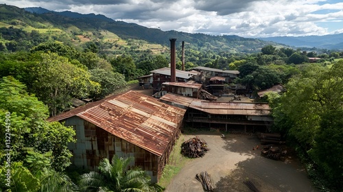 Aerial view of a rusty wood processing factory in a valley, surrounded by lush hills. Suitable for showcasing sustainable forestry practices or rural industrial landscapes