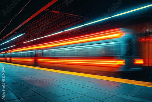 Washington D.C. - Scene at a subway station where passengers are plentiful and a train moves swiftly, creating a blur