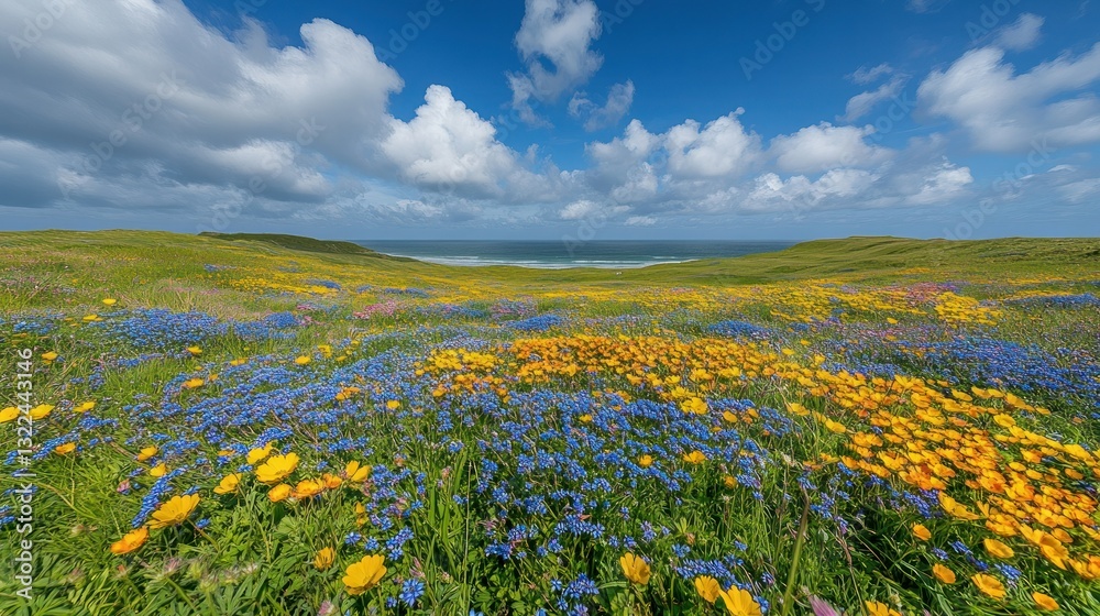Fototapeta premium Coastal meadow bursting with wildflowers