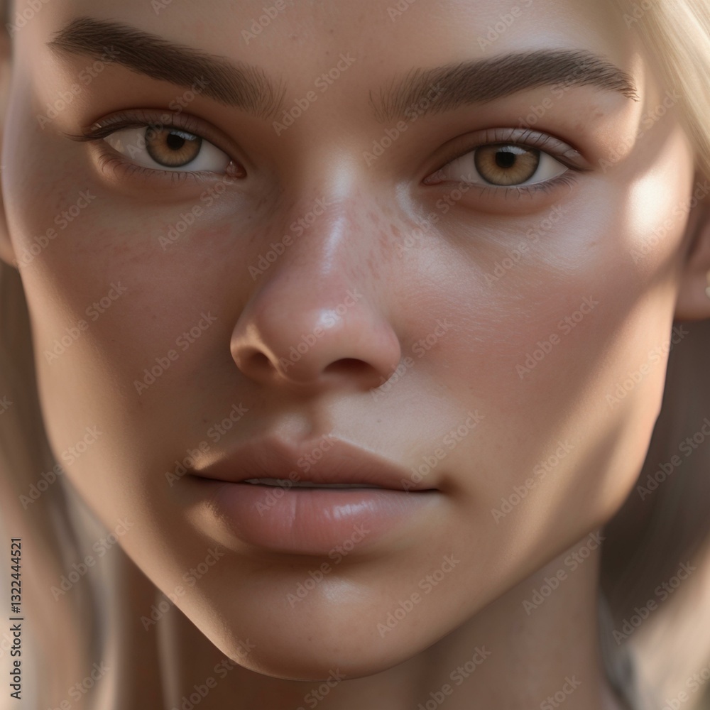 Naklejka premium A highly detailed, hyper-realistic close-up portrait of an AI-generated human face. This digital artwork features lifelike skin textures, expressive eyes, and natural lighting.