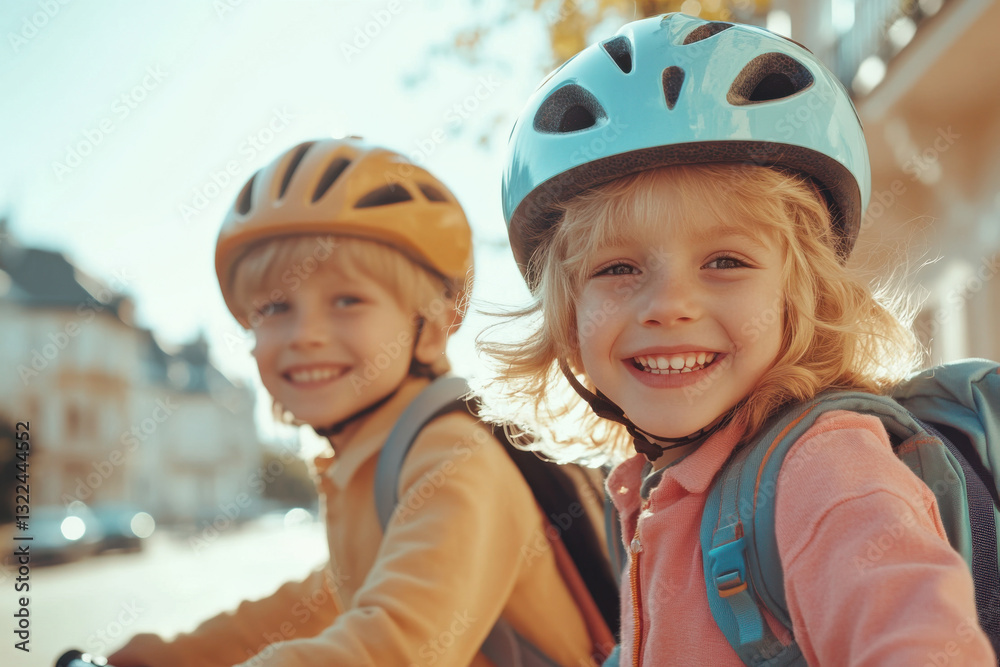 Two happy children wearing bicycle helmets smiling and ready to ride bikes in the city Two happy children wearing bicycle helmets smiling and ready to ride bikes in the city
