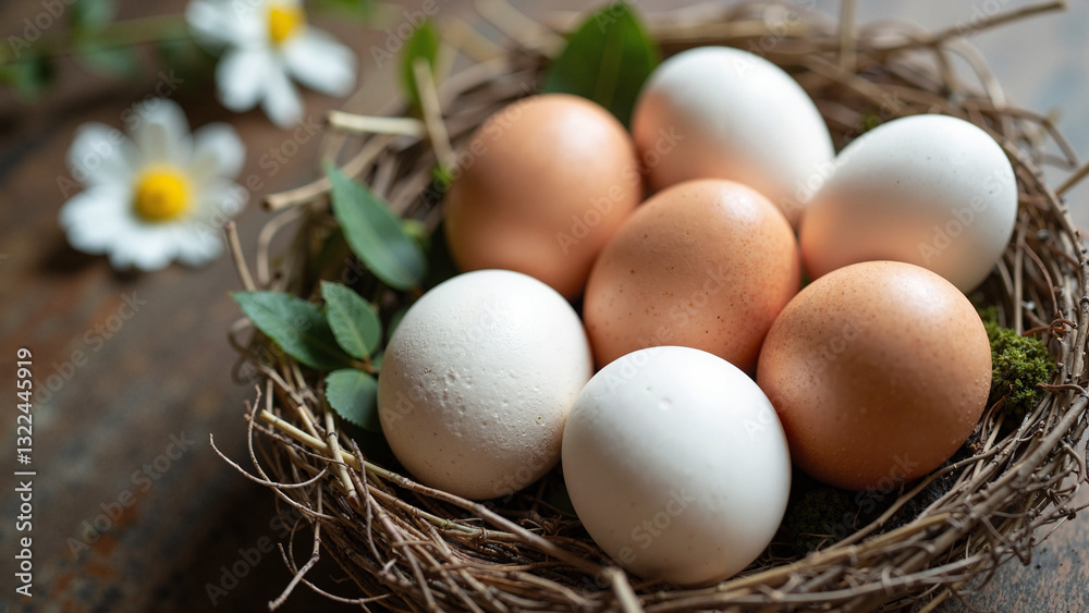 Beautifully Arranged Nest with Fresh Organic Eggs - Perfect for Food Production, Easter Promotions, and Organic Farming Marketing Beautifully Arranged Nest with Fresh Organic Eggs - Perfect for Food Production, Easter Promotions, and Organic Farming Marketing