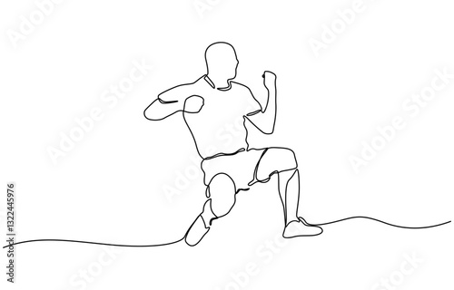 Continuous one line drawing of man soccer player celebrating victory on white background, Continuous single one line art drawing of football soccer player celebrating victory success goal.