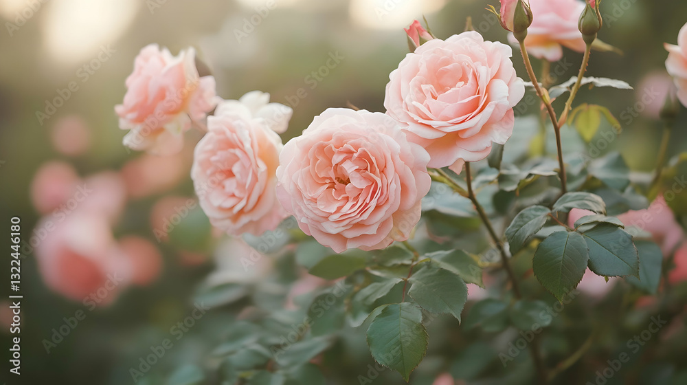 Blooming rose bush covered in soft pink petals swaying gently in the breeze Blooming rose bush covered in soft pink petals swaying gently in the breeze