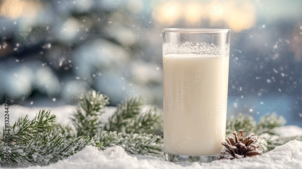 Tall Glass of Reindeer Milk on Snow with Arctic Background Tall Glass of Reindeer Milk on Snow with Arctic Background