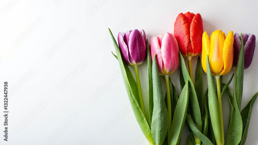 Vibrant Arrangement of Fresh Multi-Colored Tulips on White Background for Easter and Spring Marketing Campaigns Vibrant Arrangement of Fresh Multi-Colored Tulips on White Background for Easter and Spring Marketing Campaigns
