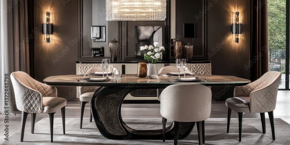 A well decorated dining room with elegant furniture and decor A well decorated dining room with elegant furniture and decor