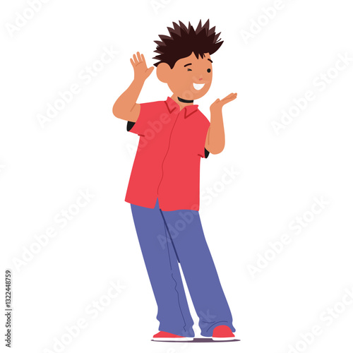 Cute funny elementary schoolboy playing game imagining like lion animal with tousled hair on head
