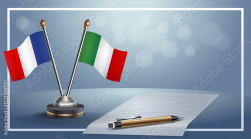 France and Italy National flags on small table with bokeh background, cooperative relationship. Template vector Illustration