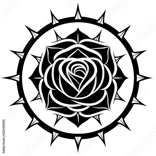 a black and white rose with sharp thorns, representing beauty, danger, and mystery, vector illustration