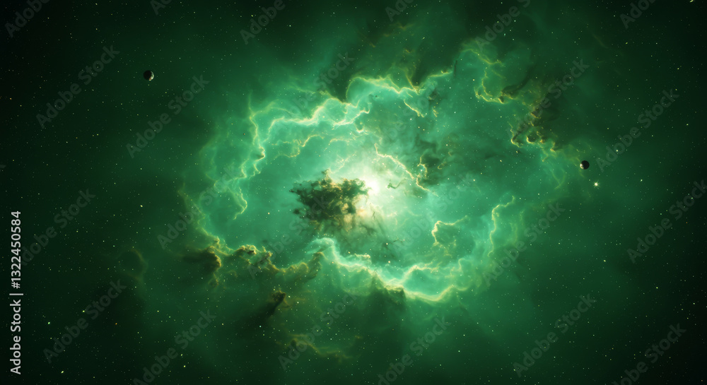 Fototapeta premium A beautiful green nebula and planets floating in outer space