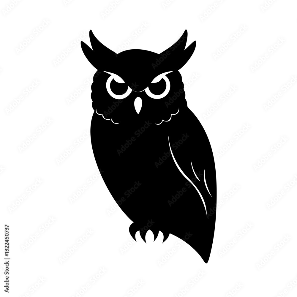 Fototapeta premium a detailed black owl silhouette with striking features, such as piercing eyes and textured feathers, vector illustration