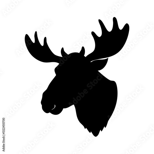 black silhouette of a moose head with large antlers, set against a isolated background. The image highlights the distinctive shape of the animal, vector illustration