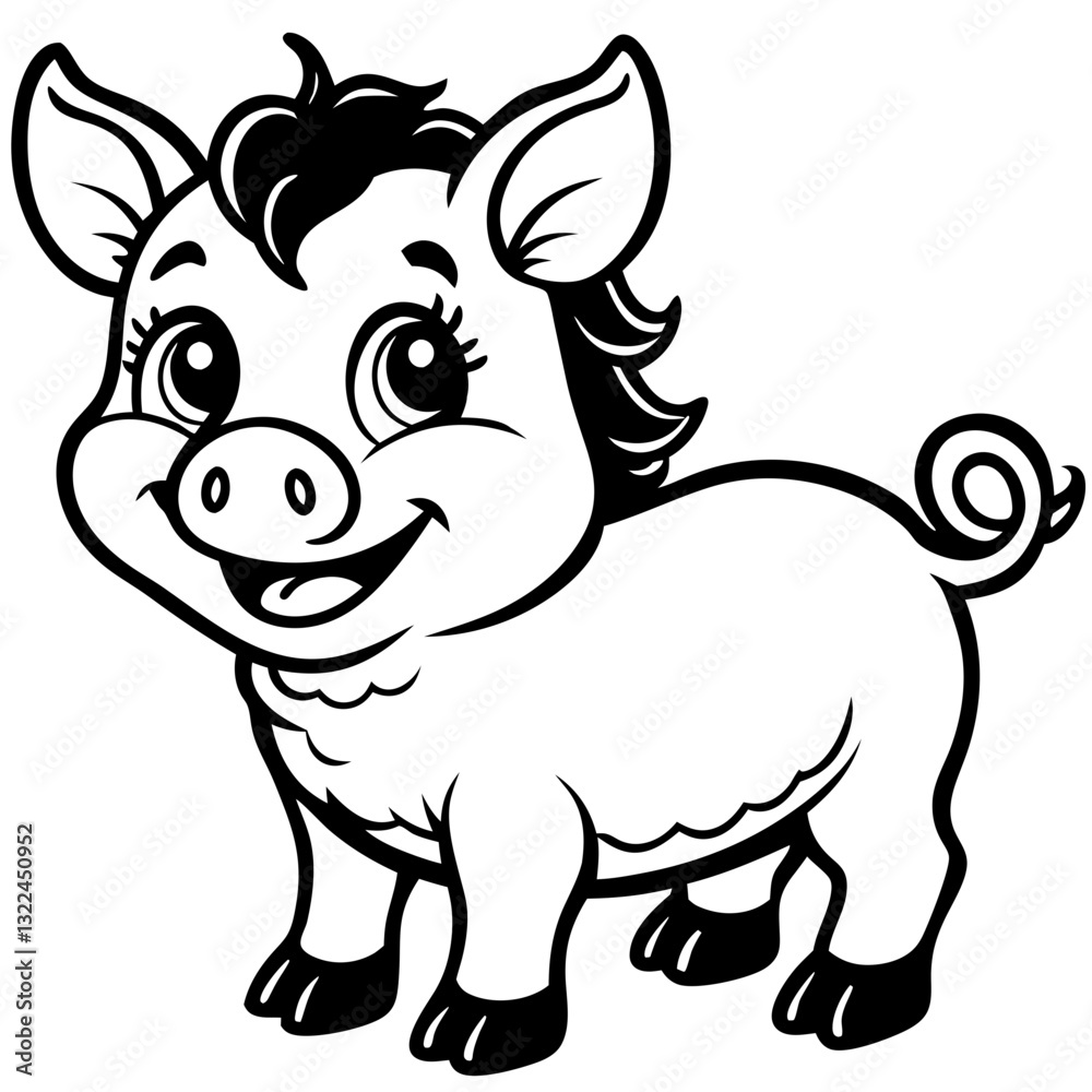 Obraz premium a cute, smiling cartoon pig with a happy expression and adorable features. The pig has a curly tail and friendly eyes, vector illustration