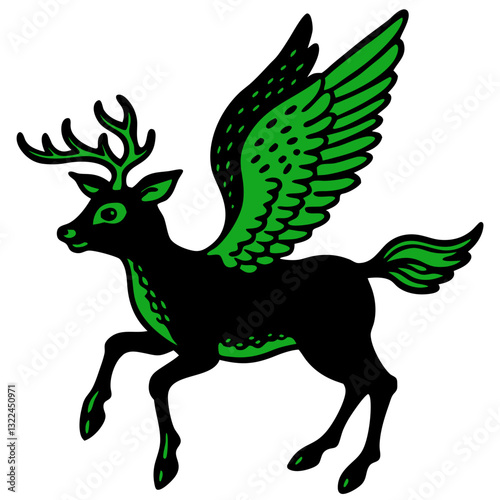 A mythical creature deer with wings,
 vector illustration with green wings and antlers