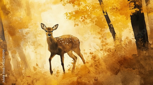 Ink wash of a deer walking through golden autumn landscape