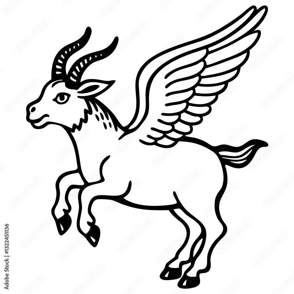 a black and white illustration of a mythical creature with the body of a goat and the wings of a bird, in a flying pose. The illustration is detailed. a black and white illustration of a mythical creature with the body of a goat and the wings of a bird, in a flying pose. The illustration is detailed.