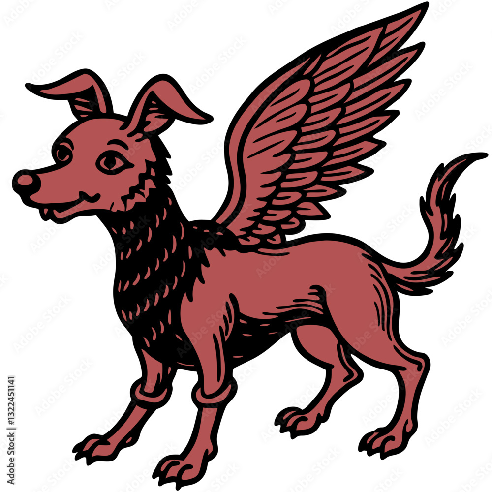 Obraz premium a fantastical winged red dog vector illustration, combining canine features with feathered wings, exuding a whimsical, imaginative charm
