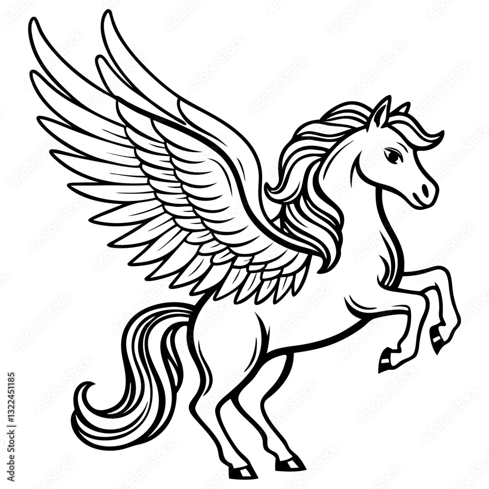 Fototapeta premium a majestic pegasus with spread wings. The image is a detailed outline of a mythical creature, vector illustration