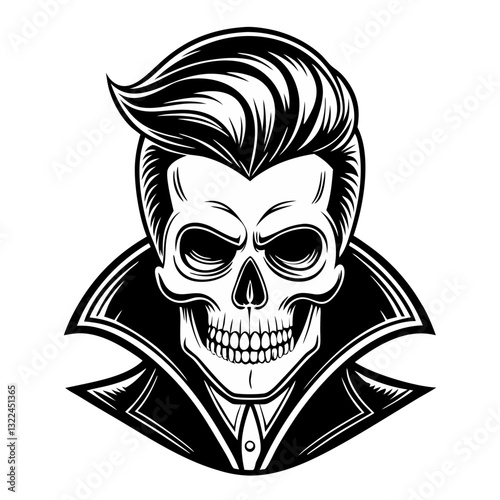 a detailed monochrome vector illustration of a stylish skull with a pompadour hairstyle and wearing a jacket