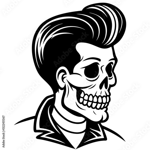 a stylized vector illustration of a skull with classic pompadour hairstyle, wearing a jacket 