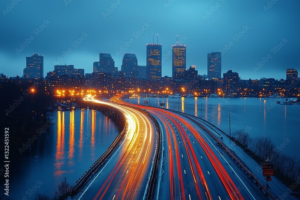 Fototapeta premium Nighttime view of Boston's skyline from the Harvard Bridge, with streaks of light from vehicles