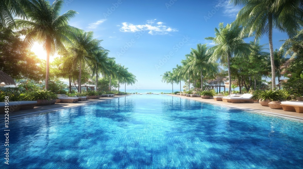 Tropical paradise resort with pool and palm trees by the ocean Tropical paradise resort with pool and palm trees by the ocean
