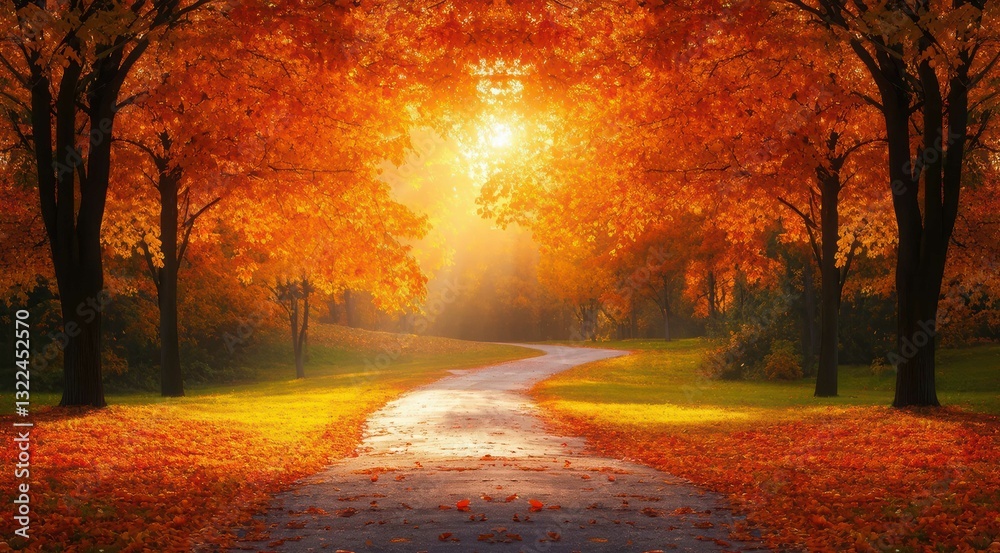 Fototapeta premium A serene autumn pathway bathed in warm sunlight.