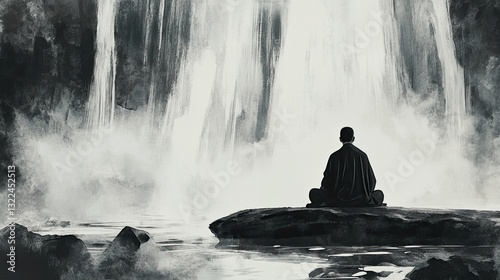 Serene Ink Wash of a Monk Meditating by a Quiet Wat
