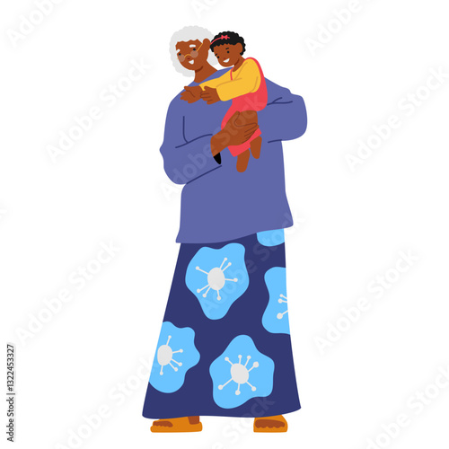 Elderly grandmother carrying little toddler grandson on hands isolated on white background