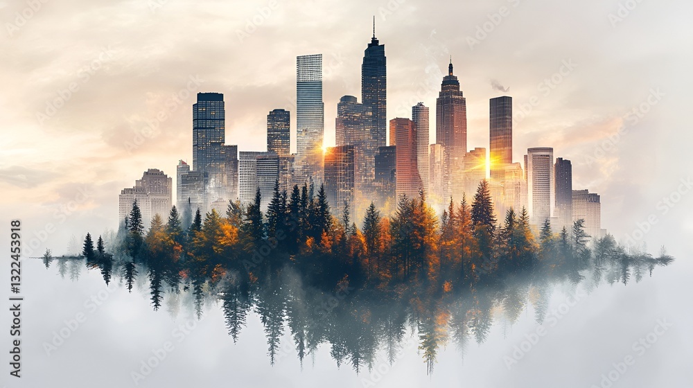 Obraz premium Floating city island at dawn, surreal urban landscape, nature and city, for background or wallpaper