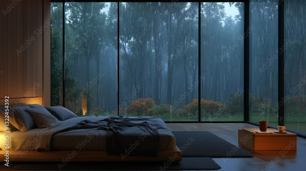 Modern bedroom interior with heavy rain pouring down glass walls, moody blue lighting, perfect hypnotic atmosphere for deep intimate trance
