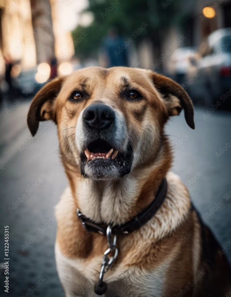 Basking in the warm glow of the late afternoon sun, a dog sits confidently on a lively town street, surrounded by the enchanting hustle of pedestrians and cars AI Basking in the warm glow of the late afternoon sun, a dog sits confidently on a lively town street, surrounded by the enchanting hustle of pedestrians and cars AI
