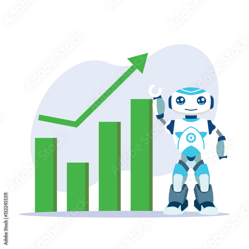 Robot Displaying Business Growth Chart with Upward Arrow and Positive Trend