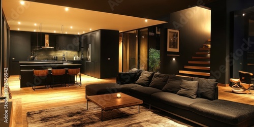 Contemporary interior of a modern home showcasing kitchen and living area
