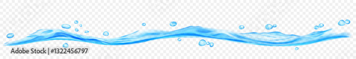 Long translucent water wave with drops, in light blue colors, isolated on transparent background. Transparency only in vector file