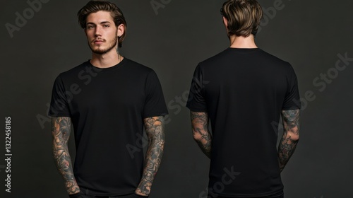 Male Model in Black t-shirt, plain blank tshirt mockup, Black tee, front and back view, with Tattooed Arms