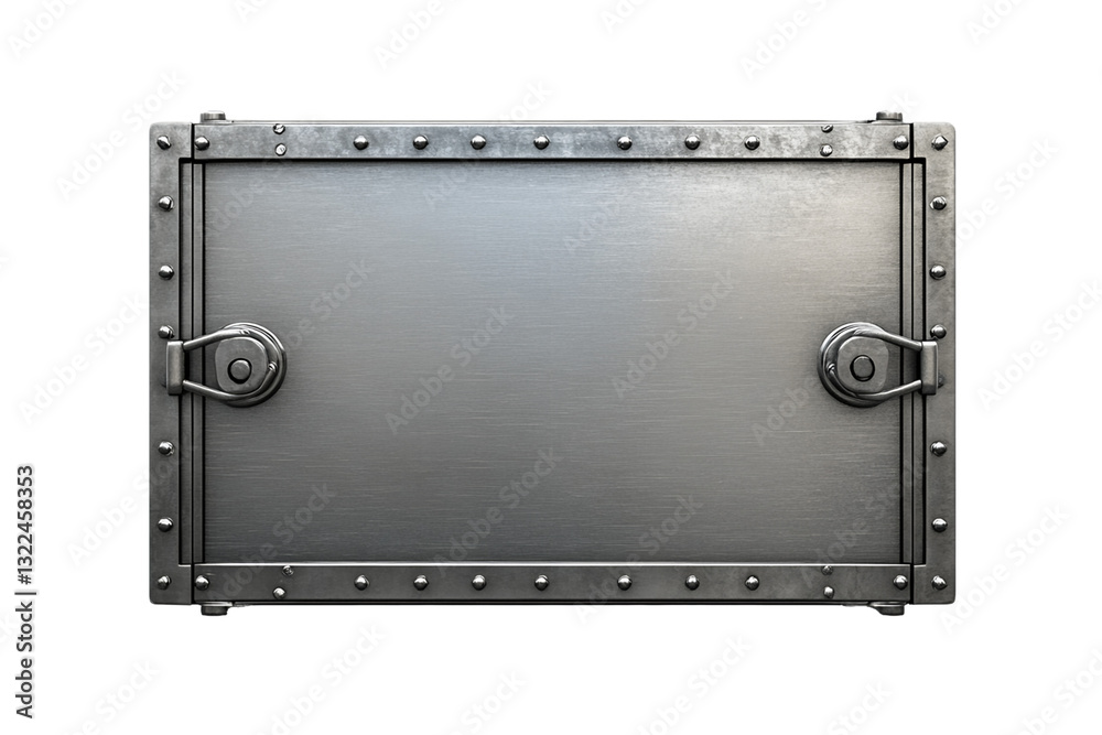 Fototapeta premium Closed Brushed Metal Container With Rivets And Two Locking Latches On Transparent Background, PNG
