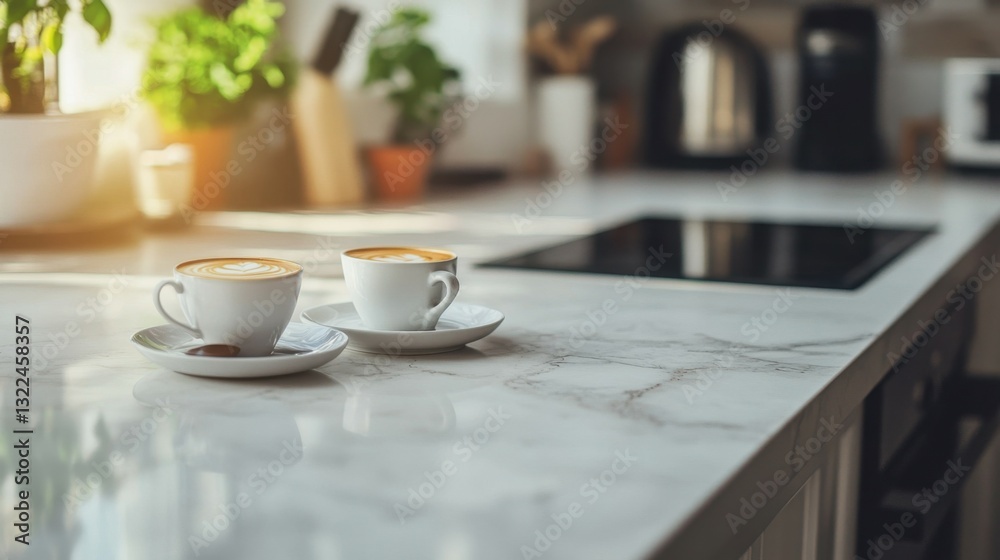 Kitchen island countertop with coffee set, modern kitchen background Kitchen island countertop with coffee set, modern kitchen background