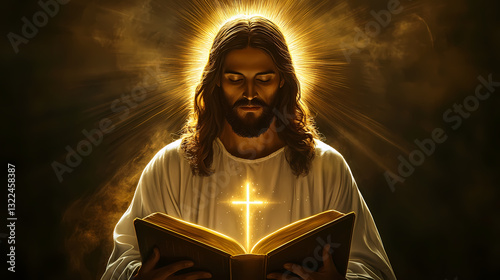Jesus christ reading the holy bible and radiating divine light, a golden halo surrounds him and a luminous cross shines on his chest. Luminous Halo. Illustration
