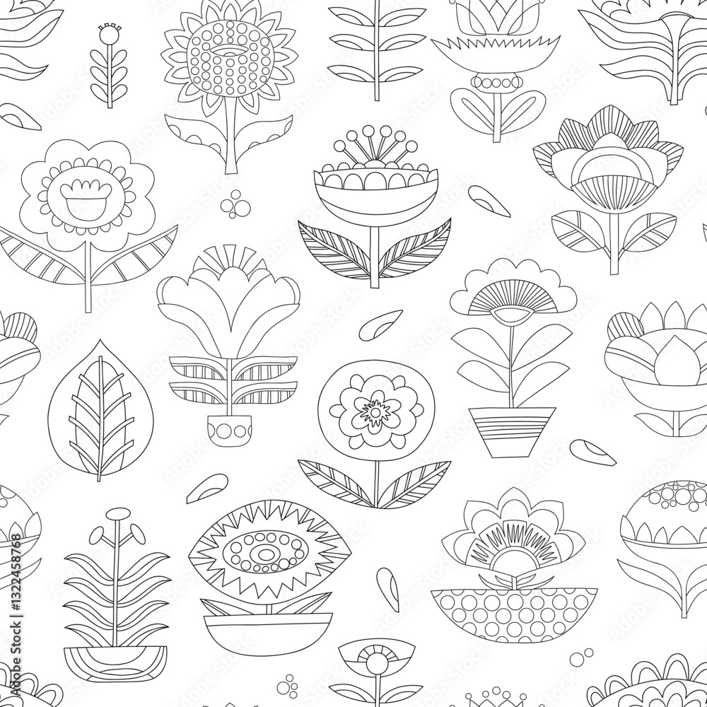 Vector seamless linear black and white pattern. Geometric floral repeatable background. Folkloric motif. Vector seamless linear black and white pattern. Geometric floral repeatable background. Folkloric motif.